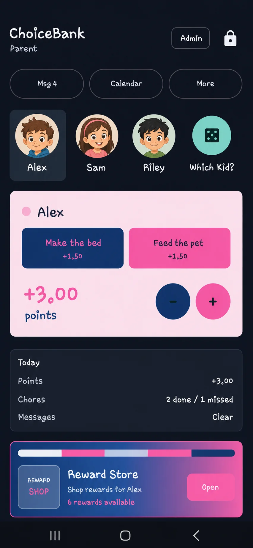 Fictional CPW Family Choice Android screen with illustrated demo profiles and sample chores